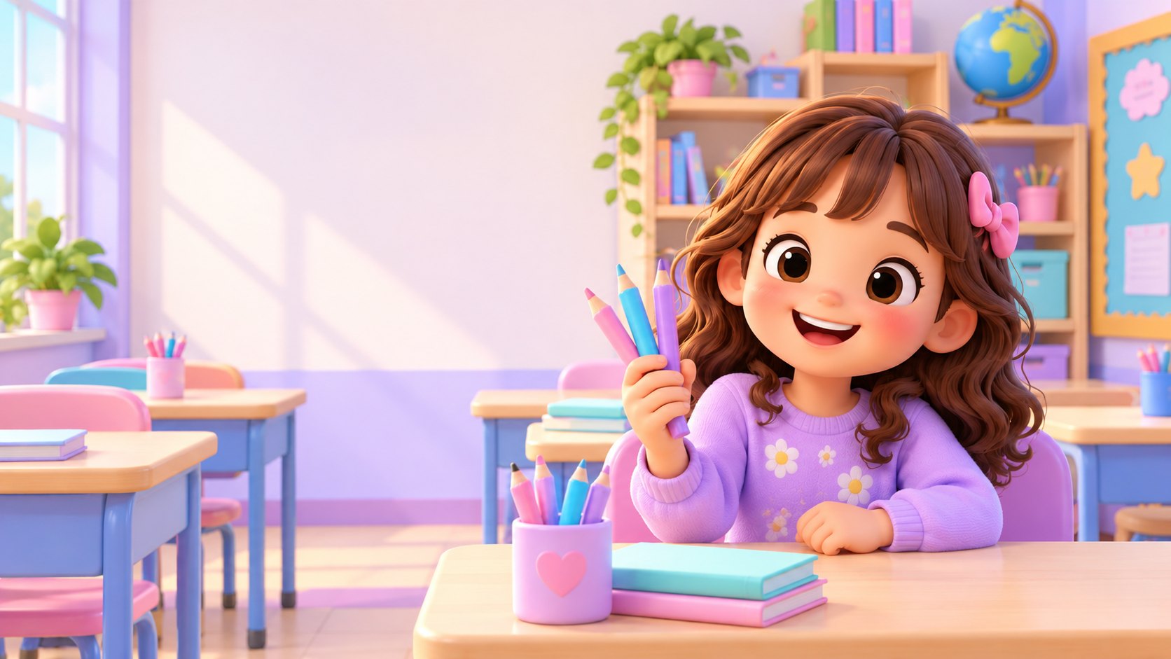 La bambina tiene in mano tre matite colorate vicino a sé