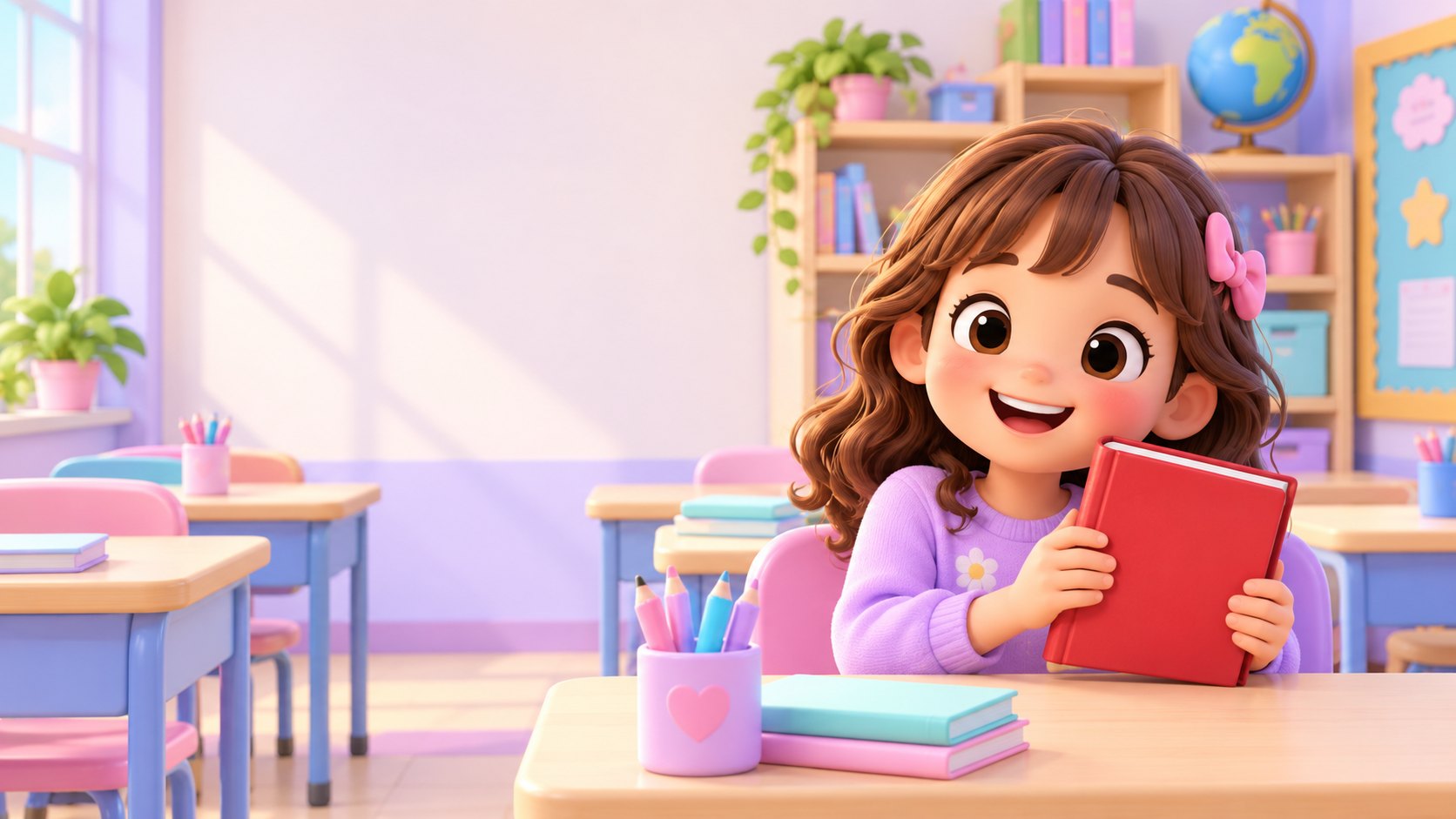 Una bambina tiene in mano un libro rosso vicino a sé