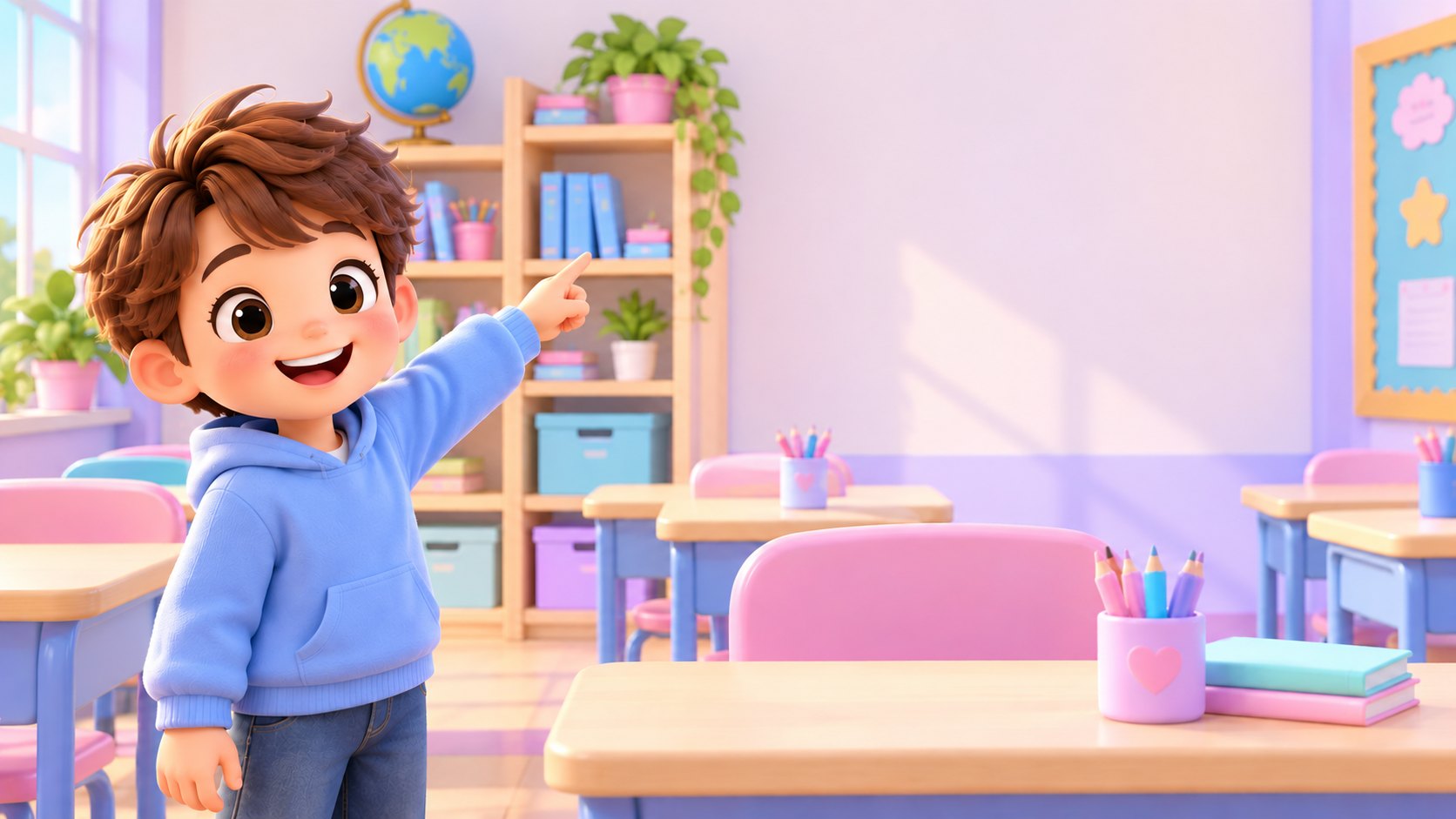 Il bambino indica dei libri lontani, sullo scaffale in fondo all'aula